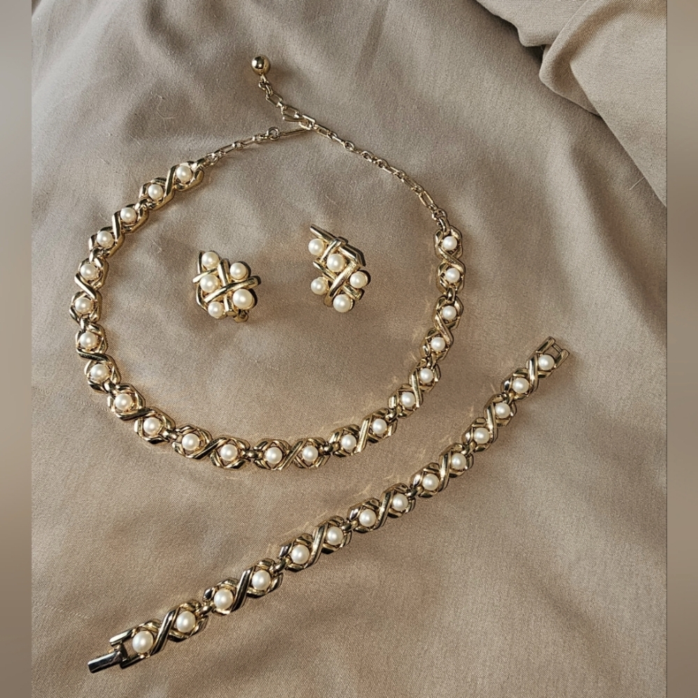 Vtg Trifari Crown XO Set. Necklace, bracelet, and earrings.
